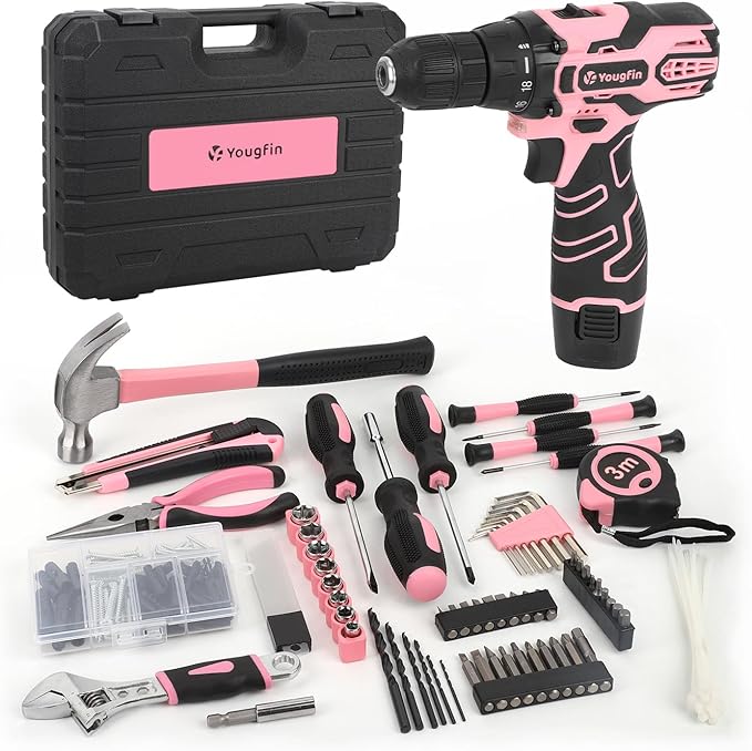 YOUGFIN Pink Drill Set, 195 Pieces Tool Set with 12V Cordles Drill, Home Tool Kits for Men & Women, Household Hand Tool Box, Perfect for DIY Office Repairing & Improvement