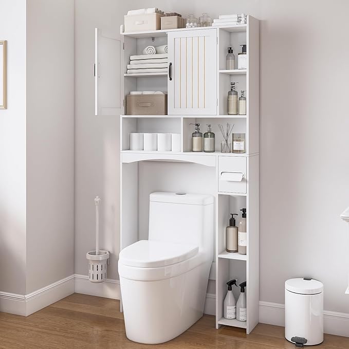 Viaozutis Over The Toilet Storage Cabinet, Over Toilet Bathroom Organizer, Bathroom Storage cabinets with Anti Tipping Devices, Storage cabinets with Toilet Paper Holders, for Bathroom, Laundr（White）