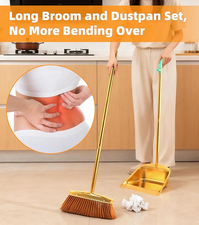 Gold Stainless Steel Broom and Dustpan Set, 2-Piece Long Handle Standing Pan with Comb Teeth, Heavy Duty Windproof Upright Design for Home, Kitchen, Indoor Outdoor Use