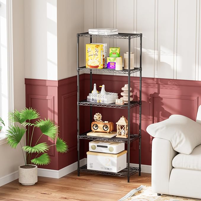Golpart 5 Tier Adjustable Storage Shelves Heavy Duty Metal Utility Shelf 500LBS Capacity Wire Shelving Unit Organizer Rack for Home Kitchen Office Bathroom Pantry Room 12" D x 22" W x 59" H Black