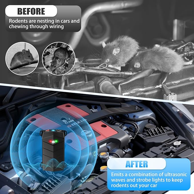 Rodent Repellent for Car Engines, Mouse Repellent Ultrasonic Rodent Repeller, Variable Frequency Ultrasonic&LED Strobe Lights, Keep Mice Away from Car Engines, Rooms, Indoors, Outdoors (2-Pack)
