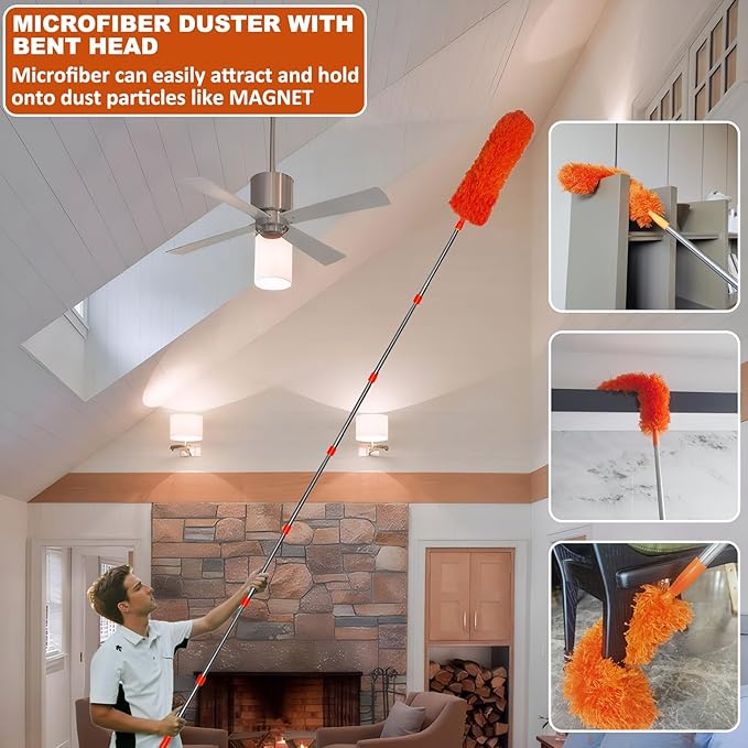 20+ Feet High Reach Duster Kit with 3-14 ft Extension Pole High Ceiling Dusting and Window Cleaning Kit with Spliceable Pole - Window Washer & Squeegee, Cobweb Duster, Fan Blade and Feather Dusters