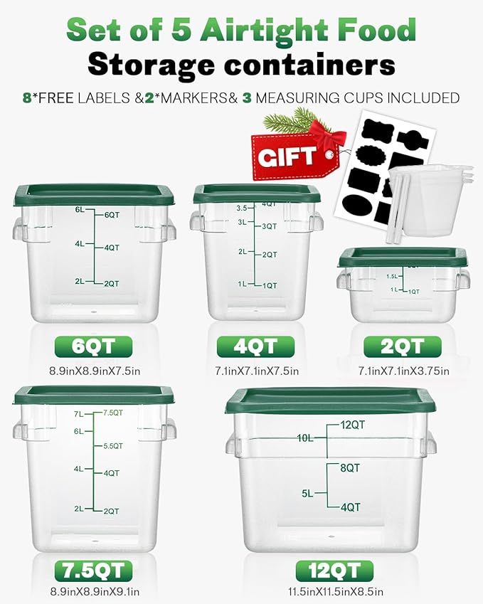 2QT NSF Food Storage Containers: 2 PCS [Food Grade][Hot&Cold Resistant] Commercial Clear Square Food Storage Containers with Scales Handles for Home Restaurant Kitchen Proof Dough(BPA FREE-GREEN)