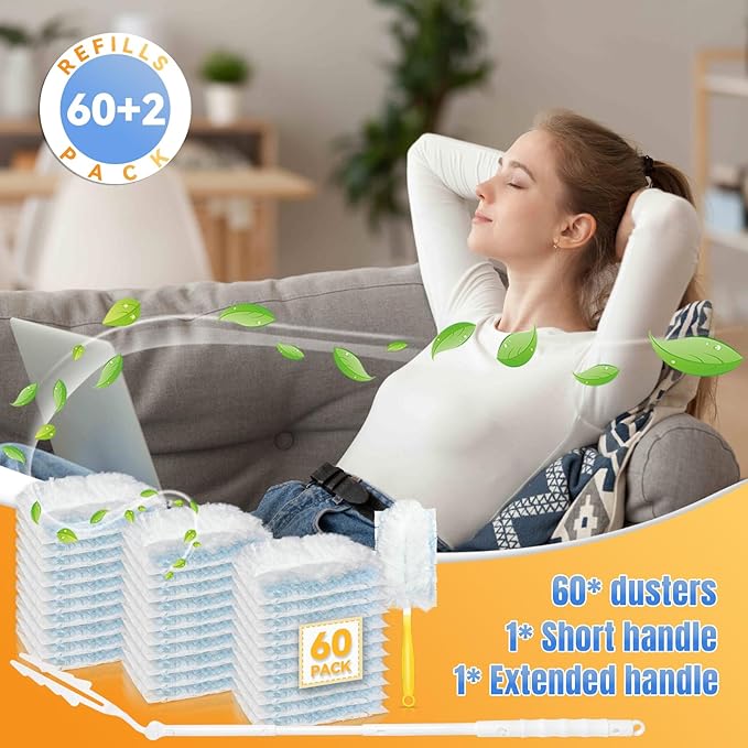 60 Pack Dusters Refills Compatible with Swiffer Duster Handle Models, 180° One Sided Duster Refills for Short and Extendable Handles, with 1 Pack Extendable Handle + 1 Short Handle