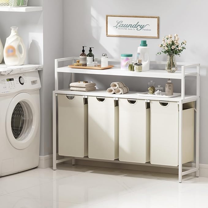 Lifewit Laundry Hamper 4 Section, 168L Pull out Laundry Clothes Basket Organizer with Large Top Shelf and 4 Removable Bags and Handles for Laundry Room Bedroom Bathroom, White with Shelves