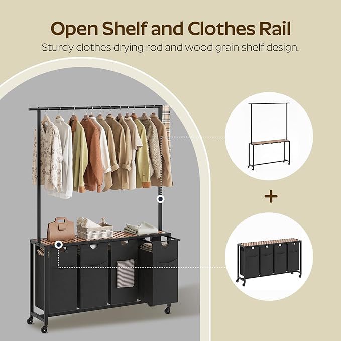 YATINEY Laundry Sorter 4 Section, Rolling Laundry Hamper with Hanging Rack, Laundry Sorter with Wheels, Hampers for Laundry, Laundry Basket Organizer for Laundry Room, Rustic Brown LS47BR