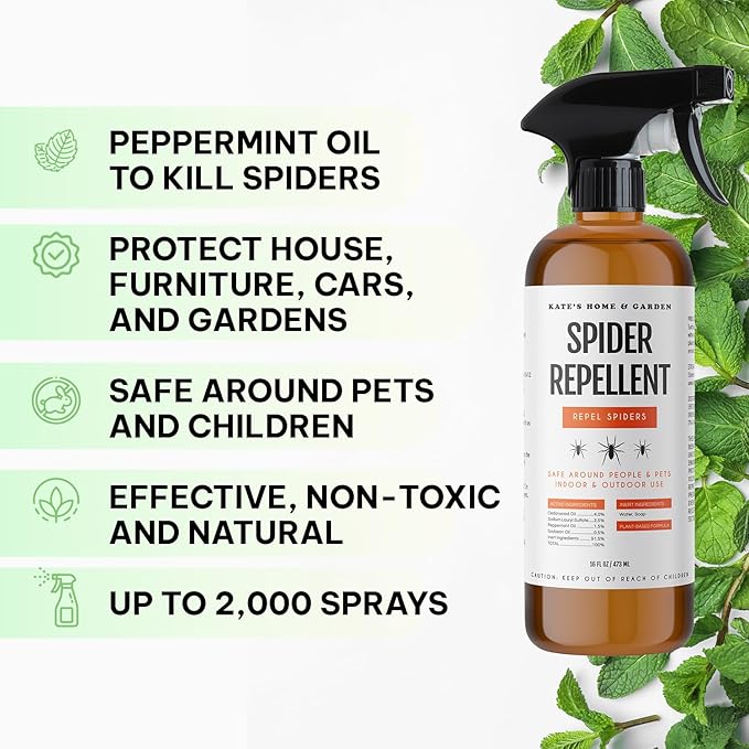 Kate's Home & Garden Spider Repellent Indoor. All Natural Peppermint Oil Spray for Spiders & Outdoor (16oz, Non Toxic Pesticide & Insecticide, Pet Safe)