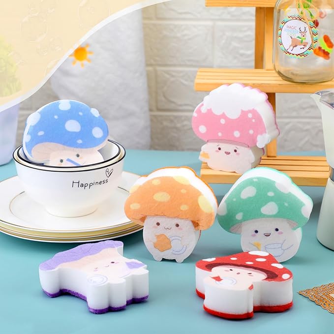 6 Pieces Mushroom Kitchen Sponges Mushroom Sponges Fun Non-Scratch Scrub for Washing Dishes Pots Pans and Household Cleaning Supplies for Kitchen Dishes Furniture Gifts