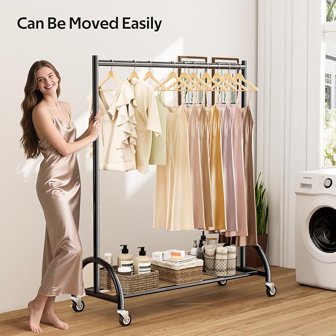 MISSLO Heavy Duty Clothing Rack with Wheels Rolling Clothes Racks for Hanging Clothes, Coats, Garment, Dress, Black