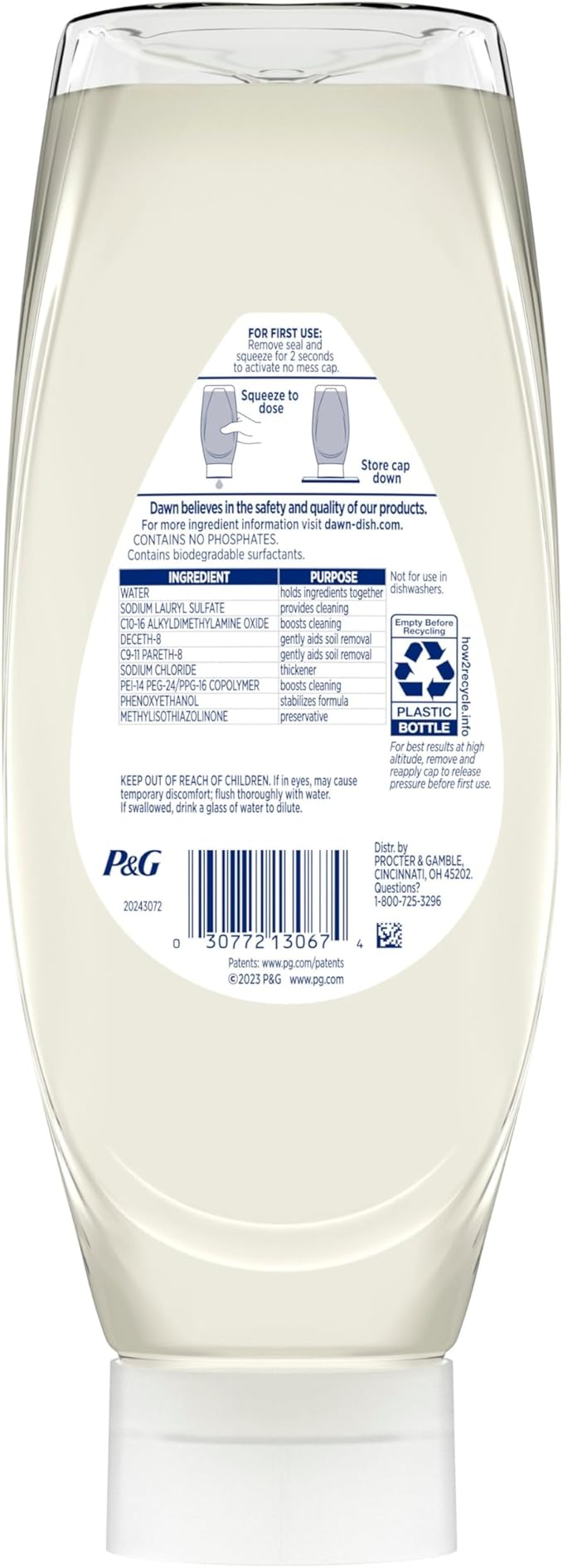 Dawn Free & Clear EZ-Squeeze Dish Soap Liquid, Dishwashing Liquid, Grease Removal, Upside Down Bottle, Unscented, 24.3 Fl Oz