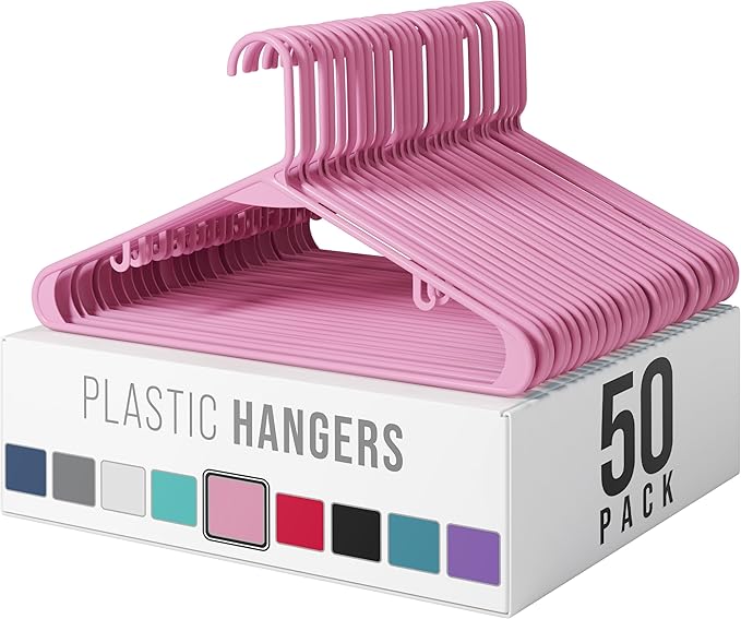 Plastic Hangers 50 Pack Pink - Clothes Hangers - Makes The Perfect Coat Hanger and General Space Saving Clothes Hangers for Closet - Percheros Ganchos para Colgar Ropa Hangars