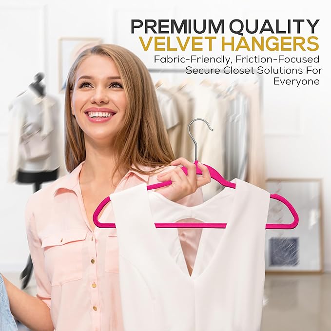 Techzoo Premium Velvet Hangers 50 Pack Ultra Thin Non Slip Adult Felt Space Saving Suit Hanger for Closet Heavy Duty Coat Pants Jackets Dress Hangers 360° Swivel Hook Hold Upto 10 lbs Dark Pink