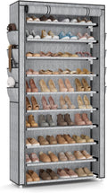 VTRIN Tall Shoe Rack with Cover, 10 Tier Shoe Organizer Storage for 50-55 Pairs Shoes and Boots Large Capacity Shoe Shelf with 8 Pockets Free Standing Shoe Rack for Closet, Entryway, Garage, Printing