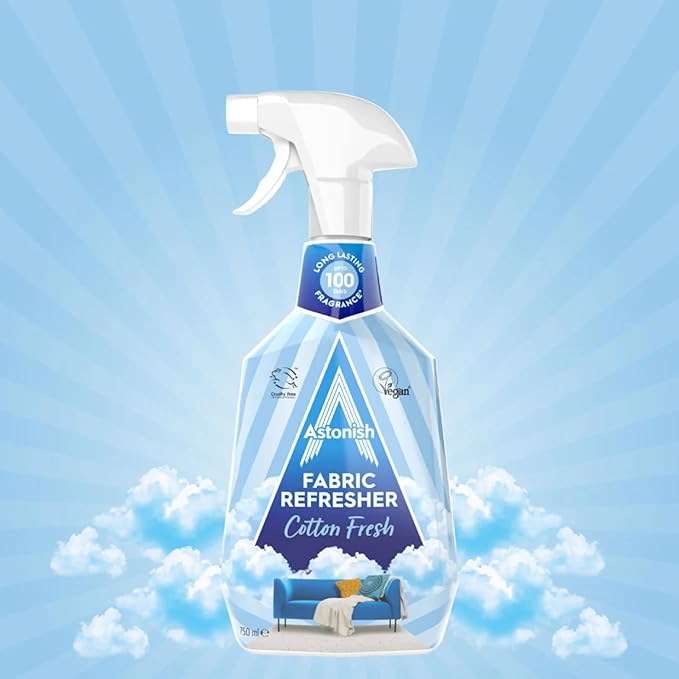 Astonish Fabric Refresher Cotton Fresh, 750ml Trigger Spray Bottle – Long-Lasting Odor Neutralizer for Curtains, Carpets & Upholstery – Encapsulated Fragrance Technology for Up to 100 Days Freshness
