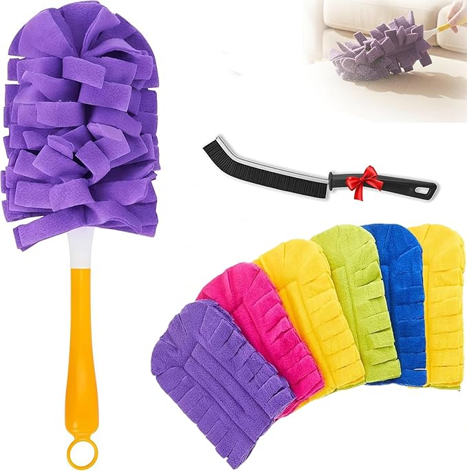 7pcs Reusable Duster,360° Electrostatic Duster Refills,Washable Heavy Duty Dusters,High-Density Microfiber,Suitable for Cleaning Bedrooms, Offices, Cars(1Handle+1Bathroom Brush+7Replacement Brushes)