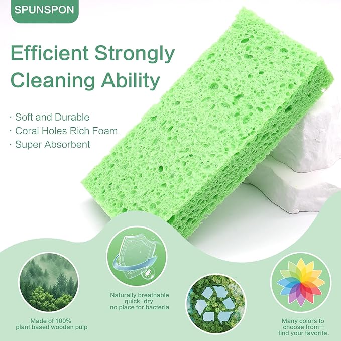 Large Cellulose Sponges, Kitchen Sponge for Dish, Thick Heavy Duty Scrub Pads, Non-Scratch Scrubber for Household/Cookware/Bathroom/Office/Boat 5.5" x 3" x 1" (7 Pack) Green