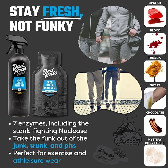 DadMode 7-Enzyme Laundry Stain & Odor Destroyer – Deep Cleaner for Extreme Clothing Messes Powered by Nuclease (DNAse) - Sandalwood & Suede, 16oz Refillable Bottle