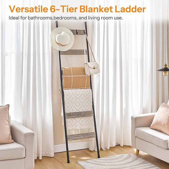 HOOBRO Blanket Ladder, 6-Tier Towel Rack with Hooks, Wall-Leaning Blanket Rack, Decorative Display Ladder Shelf, Scarves, Industrial, Living Room, Bedroom, Black and Greige BG66CJ01