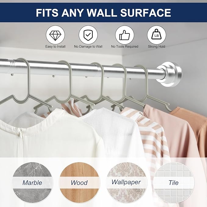 No Drilling Closet Rod, 27.5-63 Inches Hanging Closet Rod for Clothes, Closet Bar & Pole Heavy-duty, Closet Rods for Hanging Clothes For Closet Wardrobes Bathroom Laundry RV Curtains,Nickel