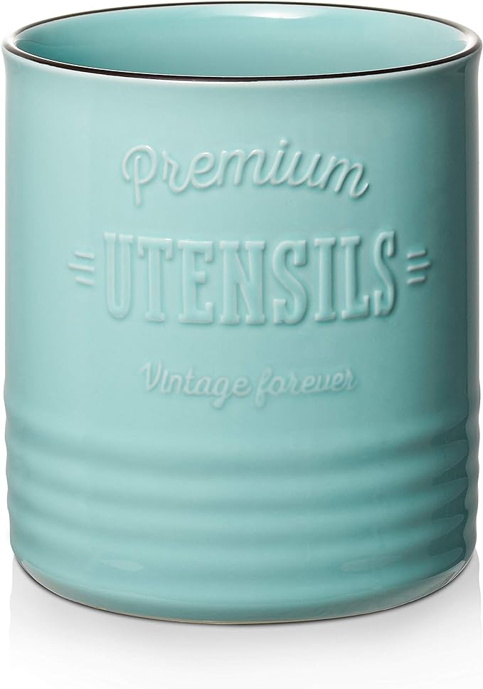 DOWAN 7.2″ Extra Large Kitchen Utensil Holder - Farmhouse Utensil Holder for Countertop - Ceramic Utensil Crock with Protection Cork Mat - Kitchen Decor & Housewarming Gift (Turquoise)