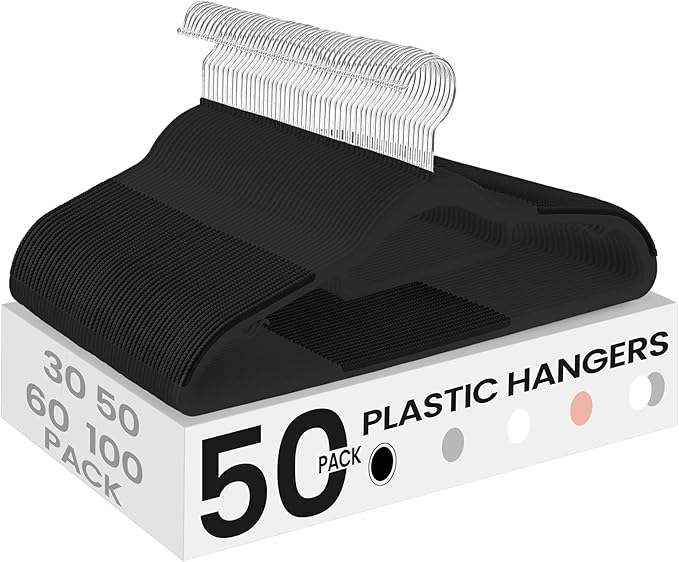 SONGMICS Pack of 50 Coat Hangers, Heavy-Duty Plastic Hangers with Non-Slip Design, Space-Saving Clothes Hangers, 0.2” Thickness, 360° Swivel Hook, 16.5” Long, Black and Gray