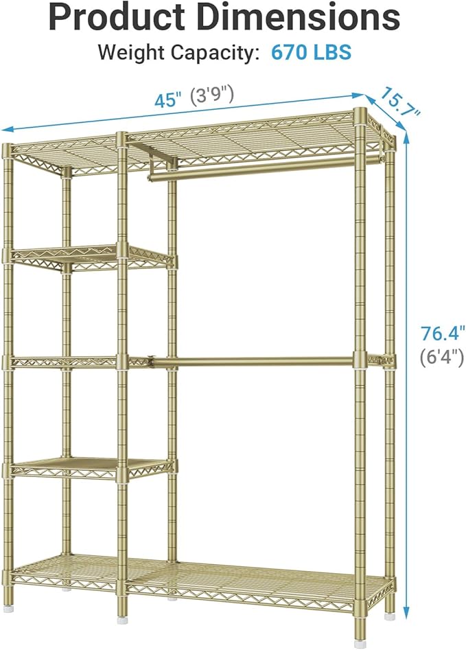 VIPEK V7 Clothes Rack Heavy Duty Max Load 670lbs, Garment Rack with 5 Tiers Adjustable Shelves Portable Closet Metal Sturdy Wardrobe Storage System for Walk-in Closet, Bedroom, Small Space (Gold)