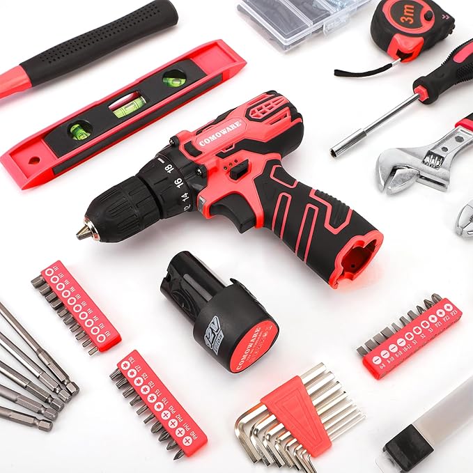 COMOWARE 12V Cordless Drill Set, 169Pcs Hand Tool Set with Cordless Drill Driver, Complete Repair Tool Kit for Men, Storage Bag, Ideal for Office, Garden, Dorm and DIY Project