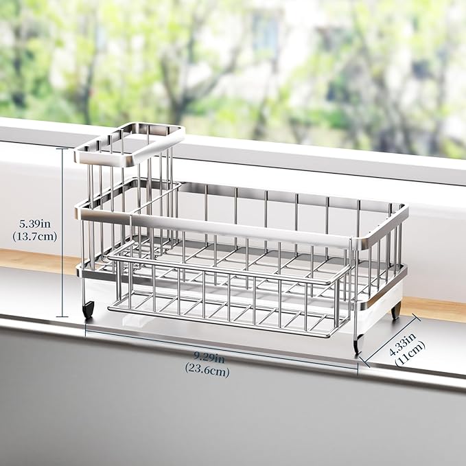 Consuemst Sponge Holder for Kitchen Sink - Auto Draining Sink Caddy Organizer with Detachable Rack, High Brush Holder, Kitchen Countertop Storage Accessories, Silver