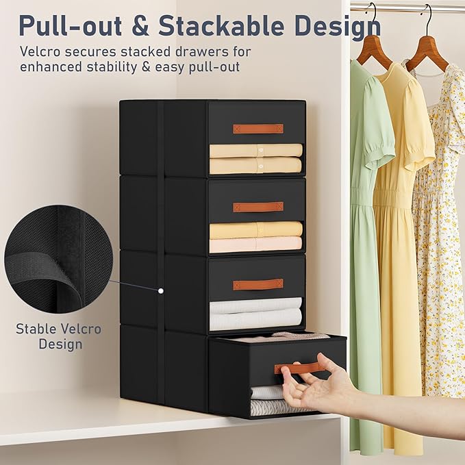 DIMJ Closet Organizers and Storage - Fabric Bins with Drawers for Closet Foldable Clothes Organizers with Clear Window, Stackable Storage Drawers Units for Bedroom, Living Room, Medium 4-Pack, Black