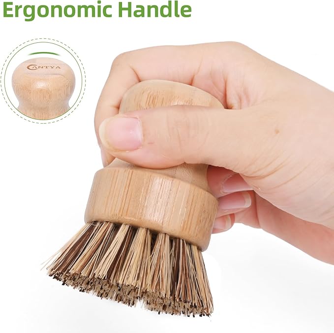 6 Packs Bamboo Dish Brush - Bamboo Wok Brush, Natural Union Fiber and Tampico Fiber Bamboo Scrub Brushr for Washing Cast Iron Pan/Pot(Hard Bristle)