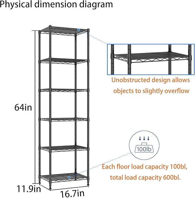REGILLER 6 Wire Shelving Steel Storage Rack Adjustable Unit Shelves for Laundry Bathroom Kitchen Pantry Closet (16.7L x 11.9W x 64H, Black)