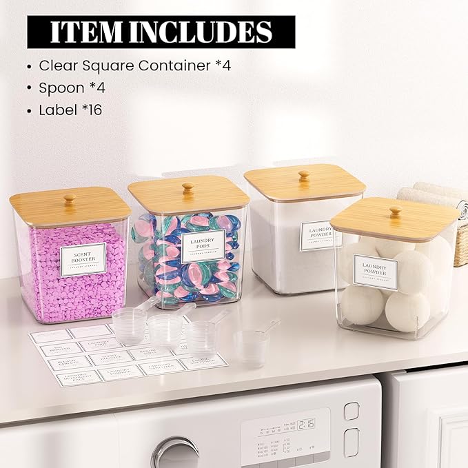 4 Pack Clear Laundry Pod Container, Laundry Room Organization Containers with Wooden Lids & Labels - Large Detergent Powder Storage for Room Organization, Scent Booster Holder