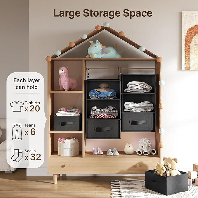 Pipishell 6-Shelf Hanging Closet Organizer with 2 Separable 3-Tier Shelves, 3 Drawers & Side Pockets Closet Organizers and Storage for Wardrobe Organization and Nursery Clothes Organizer, Black