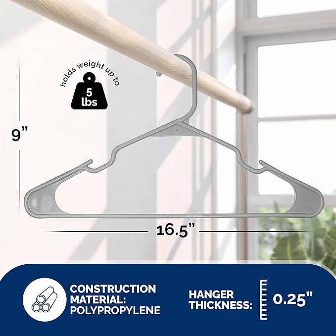 Closetselect Plastic Hangers 50 Pack - Space Saving Clothes Hangers, Made in USA, Durable & Strong Plastic Shirt & Coat Hanger with Notches & Shoulder Grooves, Non-Slip Clothing Hangers | Silver Hail