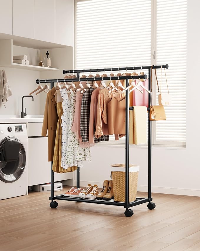 Sakugi Metal Clothes Rack - Double Rod Clothing Rack with Fixed Design and Rolling Wheels, Coat Rack with Built-In Shelf for Closet Organizers and Storage (38.5" x 16.9" x 59.0", Black)