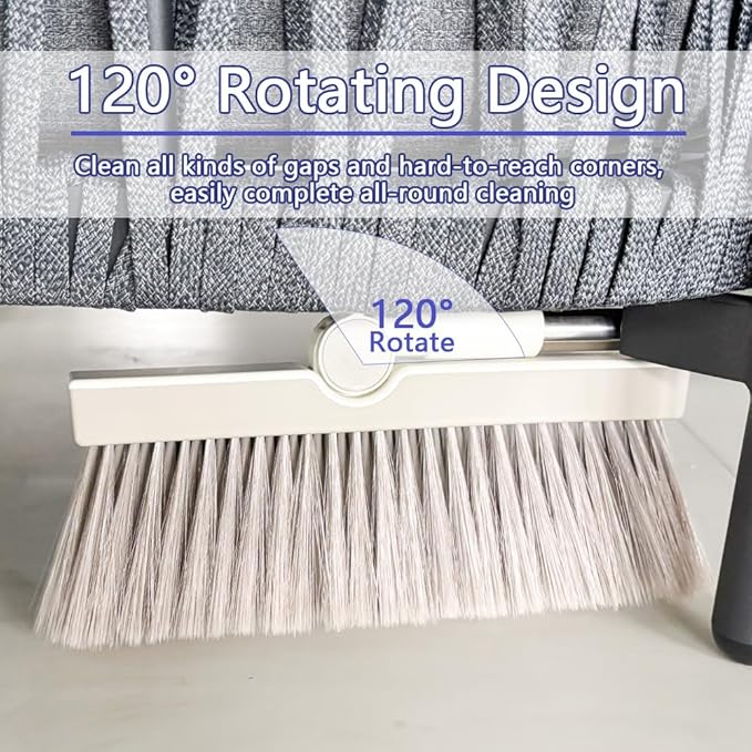 Triangular Indoor Broom and Dustpan Comb Set, 180° Rotating, Soft Bristle Long Handle Upright Sweeping Angled Broom with Self-Cleaning Teeth for Home, Kitchen, Office, Wood Floor (White Gray)