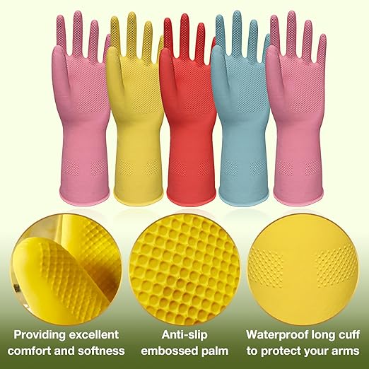 Cleaning Gloves Dishwashing Gloves - 5 Pairs Kitchen Dish Gloves Colorful Rubber Reusable for Household Washing Dishes Cleaning Gardening, Non-Slip for Women Men Small
