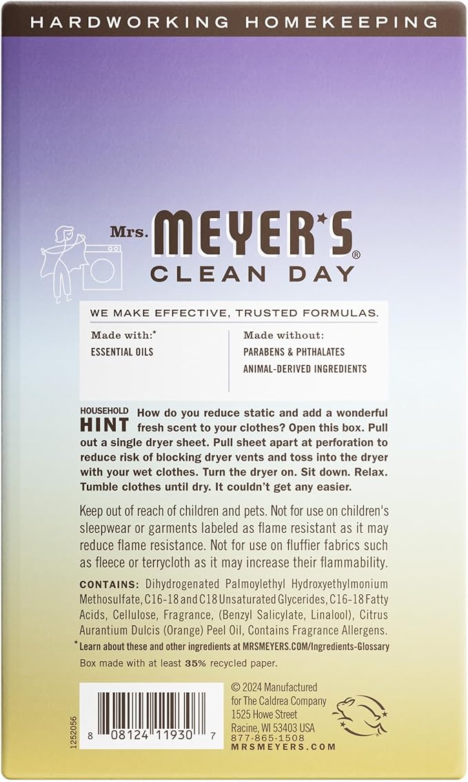 MRS. MEYER'S CLEAN DAY Dryer Sheets, Fabric Softener, Reduces Static, Infused with Essential Oils, Compassion Flower, 80 Count