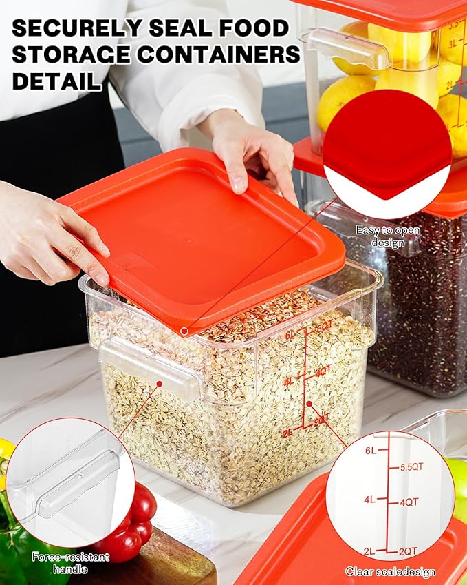 2QT4QT NSF Food Storage Containers: 6PCS [Food Grade][Hot&Cold Resistant] Commercial Clear Food Storage Containers with Lids for Restaurant Kitchen Proof Dough, Measuring Spoons Included(Red N)