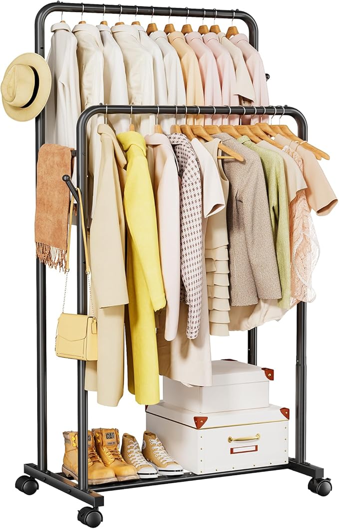 Delamu Clothes Rack, Double Rods Clothing Rack for Hanging Clothes, Metal Garment Rack with Rolling Wheels, Portable Wardrobe Closet Rack for Coat, Bedroom, Laundry, Black