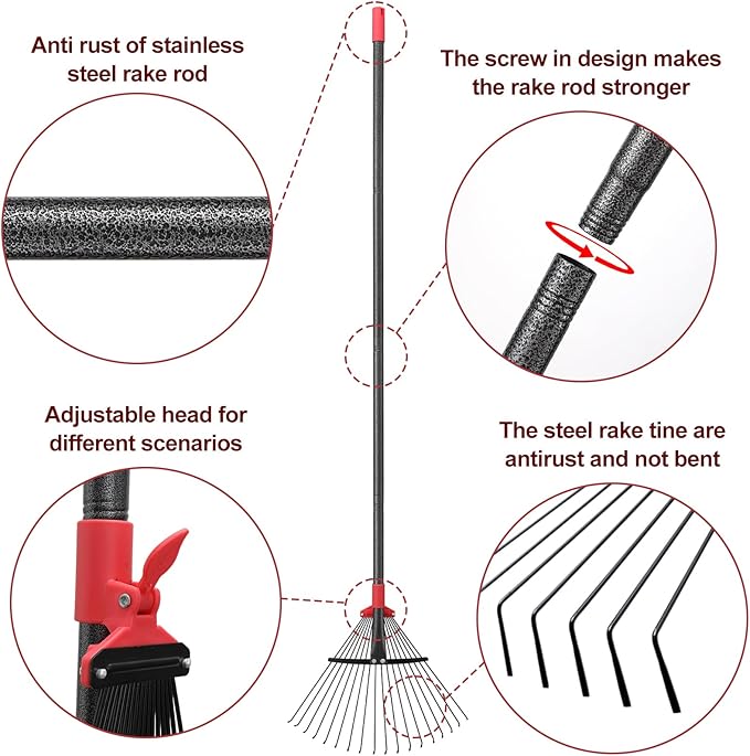 76 Inch Rake for Leaves, Adjustable 18 Metal Tines with Expandable Head Garden Rakes for Lawns Heavy Duty Metal Rake for Leaves Yard Gardening Grass Outdoor Debris