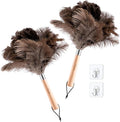 2 Pack Ostrich Feather Dusters with Wooden Handle, 13.5 inch Natural Fluffy Feather Dusters for Dusting Home, Car, Delicate Surfaces, Reusable Soft Cleaning Tools for Ledges, Blinds