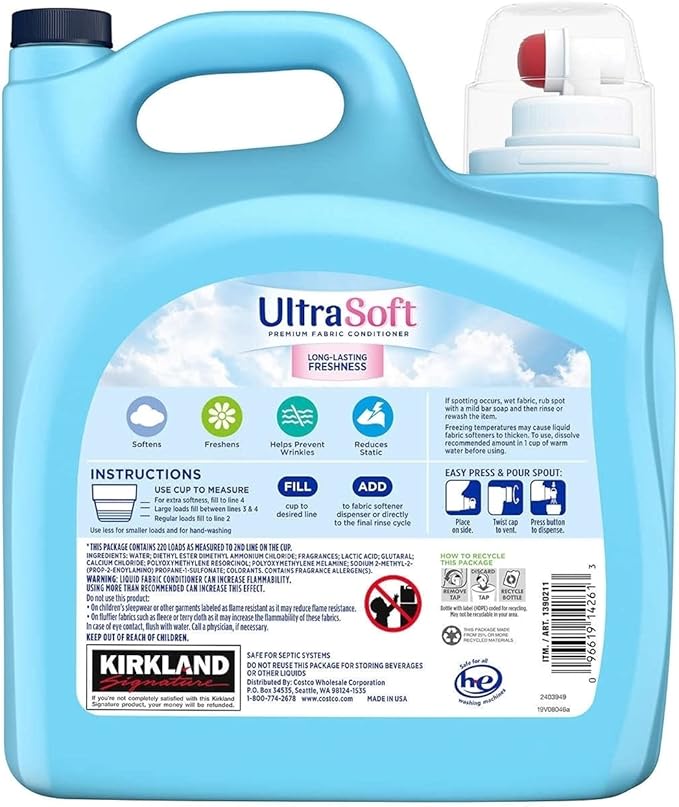 Kirkland Signature Ultra HE Liquid Fabric Softener, Fresh, 220 loads, 187 fl oz