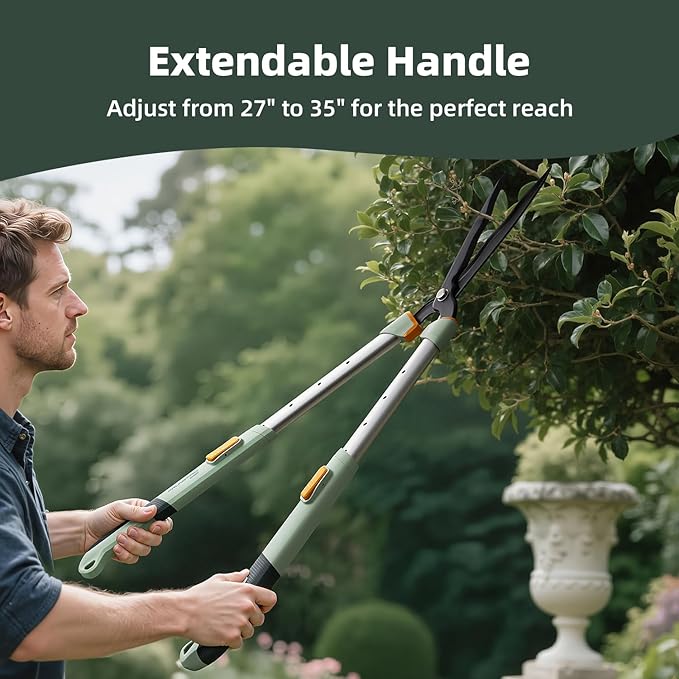 PrunePro Extendable Hedge Shears (27"-35") | Wavy Stainless Steel Blades | Teflon Coated for Smooth Cuts | Lightweight Adjustable Garden Clippers for High Hedges & Bushes