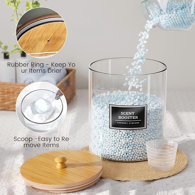 2+1 Pack Glass Laundry Pods Container & Acrylic Dryer Sheet Holder, Clear Laundry Room Organization Containers with Bamboo Lids & Labels, Powder Laundry Detergent Container for Scent Booster, Powder