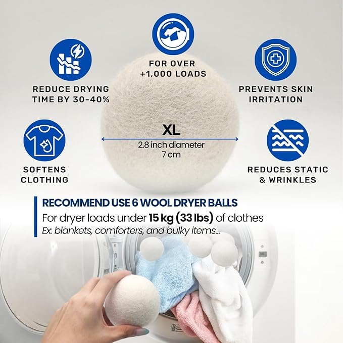 10 XL Wool Dryer Balls Laundry Reusable from New Zealand Wool & Magnetic Dryer Ball Holder - Laundry Wool Dryer Balls Storage Containers: Easy Install Without Tools, Magnetic Basket for Dryer Balls