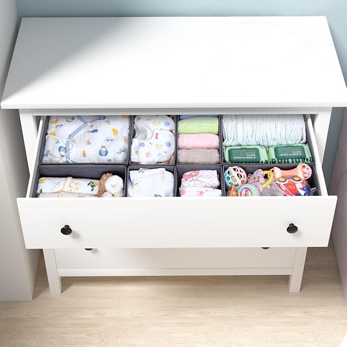 8 Pack Drawer Organizer for Baby Clothes, Foldable & Washable Bins - Perfect for Nursery & Dresser Organization, Grey - Durable Storage Solution for Baby Essentials, Socks,