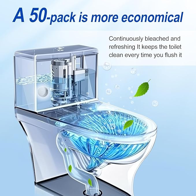 Automatic toilet cleaning tablets,50 packs-bleaching, descaling, deodorizing-water tank drop tablets, fresh smell, safe, for removing stains and scale, recommended for most toilets, cost performance