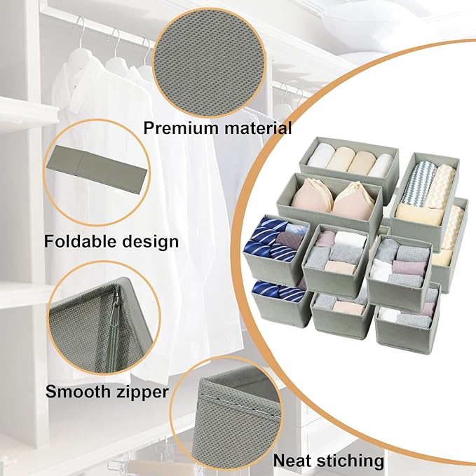 Fordonral Drawer Organizer Clothes, Foldable Fabric Dresser Organizer Closet Organizers and Storage Box for Underwear,Folded Clothes,Baby Clothing,Socks,Bra,Towels,Ties(6M+6S,Gray)