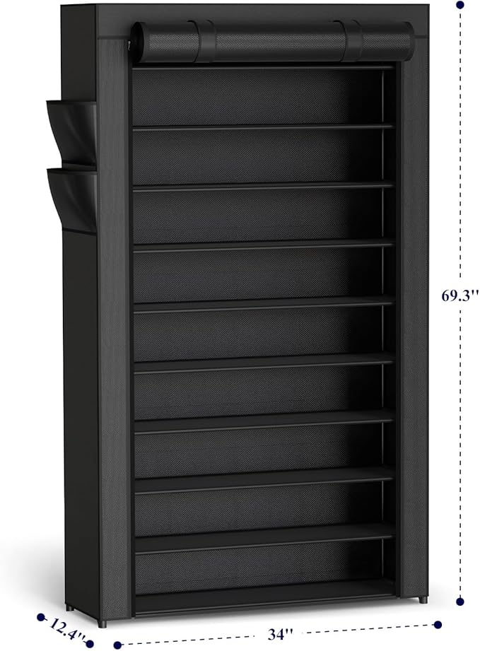 Kitsure Shoe Rack - 10-Tier Large Capacity Shoe Organizer Shelf with Dust Cover & Side Pockets, Rust-Proof Metal Shoe Rack for Closet, Entrance, Living Room, 33.6" x 12.4" x 69.3", Black
